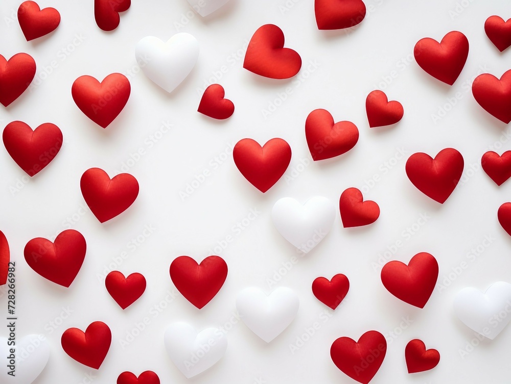 Red and white hearts on white background. Valentines day background.
