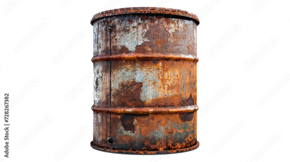 Fototapeta premium Old metal barrel covered in rust on transparent background
