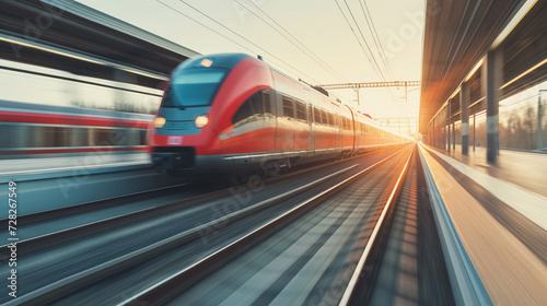 High-speed train in motion at golden hour.
