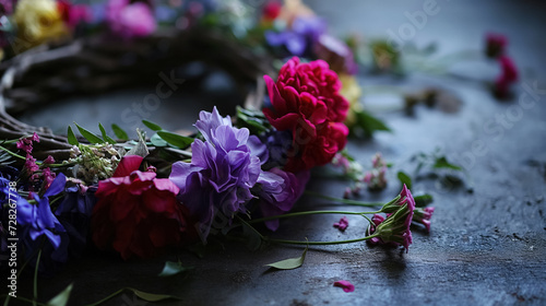 Colorful flowers arranged on a dark surface.