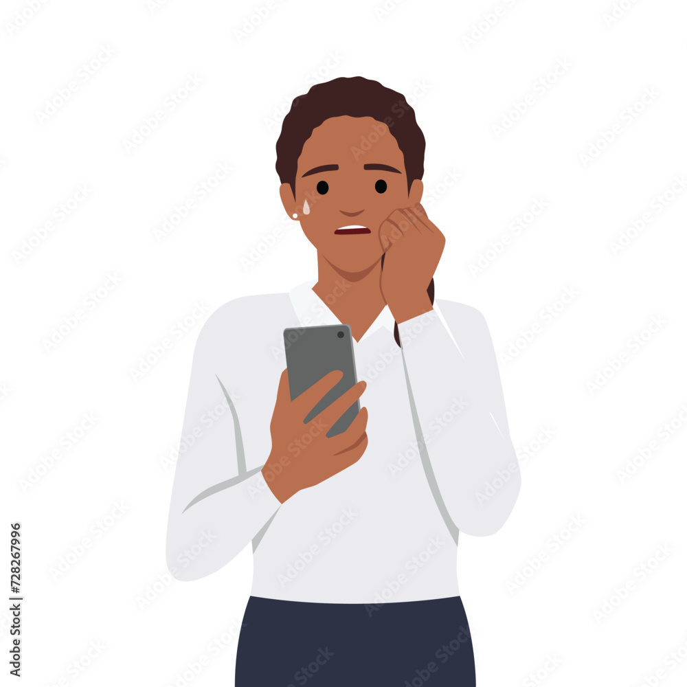 Frightened woman with phone biting nails in fear after reading bad news about approaching financial crisis. Flat vector illustration isolated on white background Frightened woman with phone biting nails in fear after reading bad news about approaching financial crisis. Flat vector illustration isolated on white background
