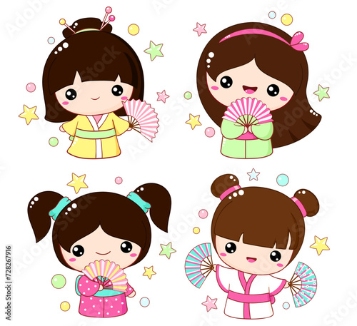 Set of cute little girls with fans in kawaii style. Hanami season collection of Japanese traditional toy kokeshi doll in kimono. Vector illustration EPS8  