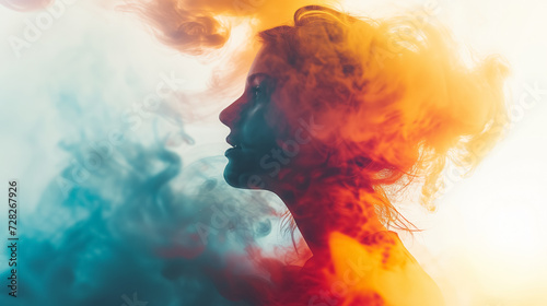 Surreal image of a woman with colorful smoke trails.