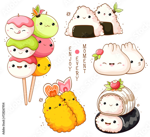 Set of cute sushi, rolls, tempura, dango, dumplings in kawaii style with smiling faces. Japanese traditional cuisine dishes. Can be used for t-shirt print, sticker, card, menu design. Vector EPS8 