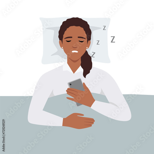 Young woman Snoring lying in the bed, snores loudly with open mouth while deep sleep holding phone. Flat vector illustration isolated on white background