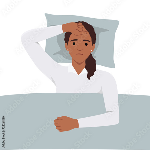 Young woman suffers from insomnia cause of mental problems, insomniac ideas. Girl lying in bed, thinking about deadline. Flat vector illustration isolated on white background
