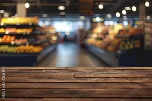 Wooden table in heart of bustling supermarket food department capturing essence of modern retail and consumer lifestyle unique perspective of shopping with shelves of products in blurred background