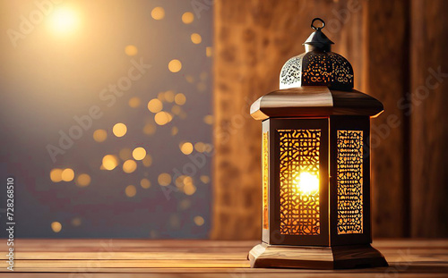 Arabic lantern on wooden table. Ramadan Kareem background. Islamic background. Copy space