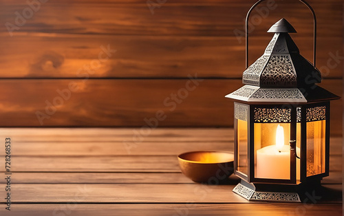 Arabic lantern on wooden table. Ramadan Kareem background. Islamic background. Copy space