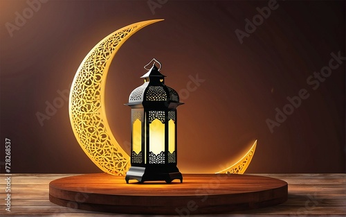 Arabic lantern with moon on a table.  Ramadan Kareem background. Islamic background. Copy space