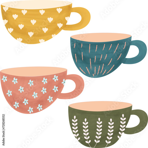set of tea cups watercolor hand drawn elements clipart vector illustration for decoration invitation greeting birthday party celebration wedding card poster banner textiles wallpaper background