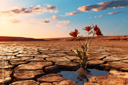 A Fresh Plant Growing on Barren Landscape Represents the Global Warming