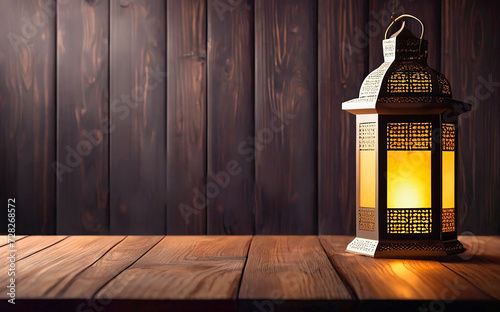 Arabic lantern on wooden table. Ramadan Kareem background. Islamic background. Copy space