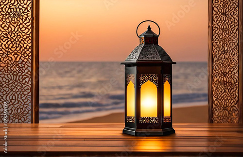 Lantern in the sunset. Ramadan Kareem background. Islamic background. Copy space