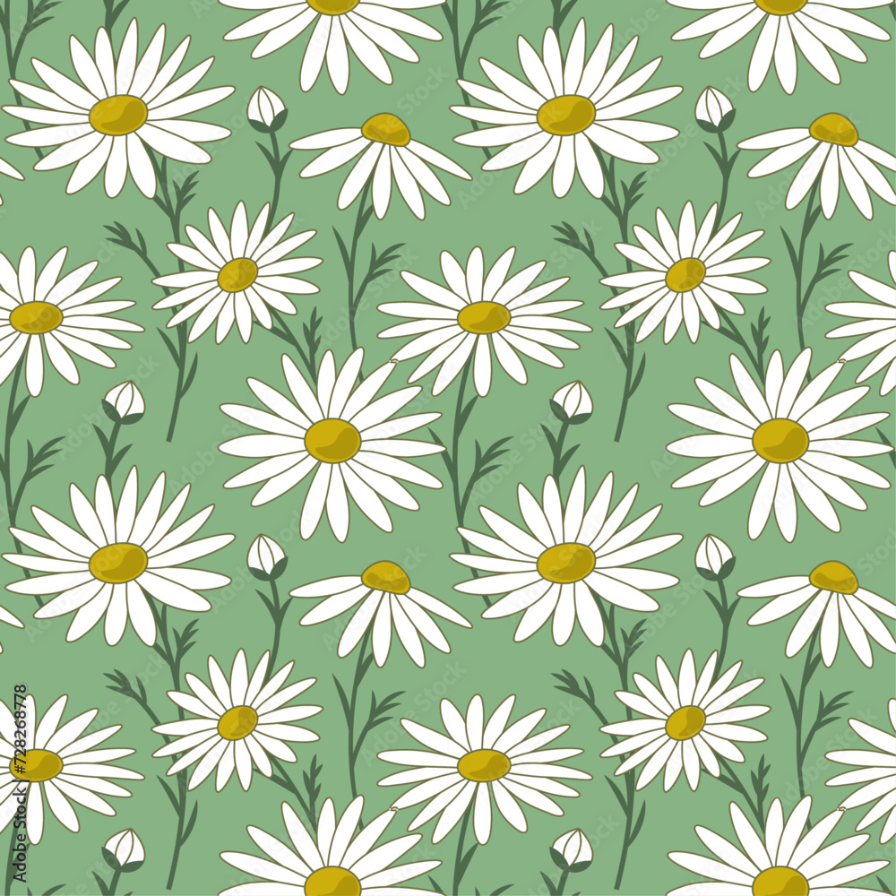 Daisy chamomile flowers in the meadow, spring summer seamless vector pattern. Trendy floral texture for print, fashion, textile, fabric, decorative background, packaging