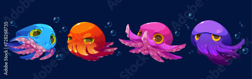 Octopus cartoon character set. Cute funny childish underwater animal with different face emotions and water bubbles. Vector illustration collection of swimming adorable baby kraken with tentacles. © klyaksun