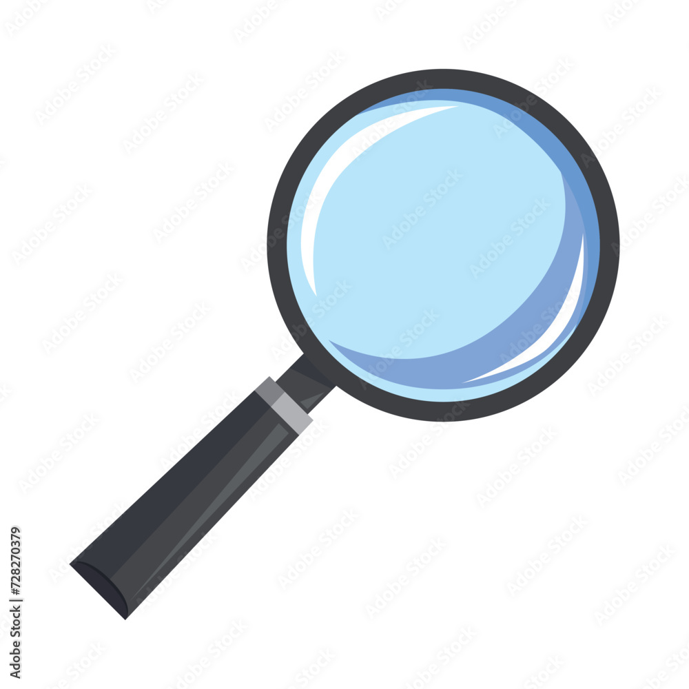 The magnifying glass icon. A color image of a magnifying glass with a pen. A magnifying glass. Devices for viewing small objects. Vector illustration isolated on a white background for design and web. The magnifying glass icon. A color image of a magnifying glass with a pen. A magnifying glass. Devices for viewing small objects. Vector illustration isolated on a white background for design and web.