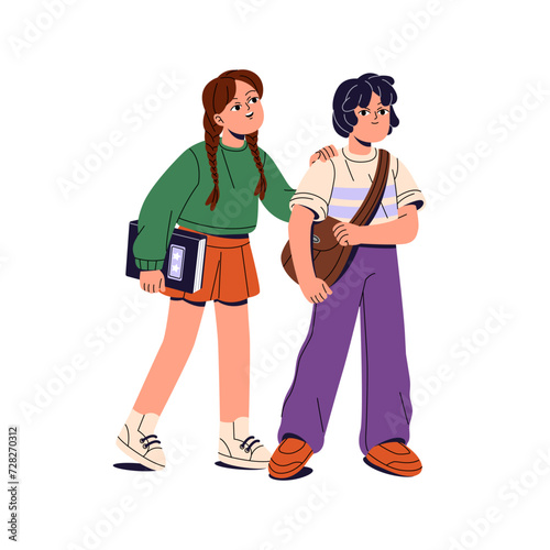 Happy students stand. Children are friends. Boy carries school bag, cute girl holds book. Kid puts hand on classmate shoulder. Elementary education concept. Flat isolated vector illustration on white