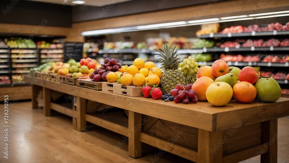 Fruit department in the supermarket. Top of a wooden table in the foreground.
