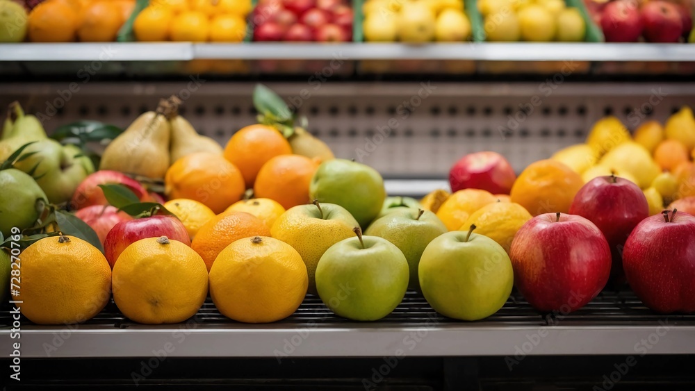 Fruit department in the supermarket. Top of a wooden table in the foreground.
