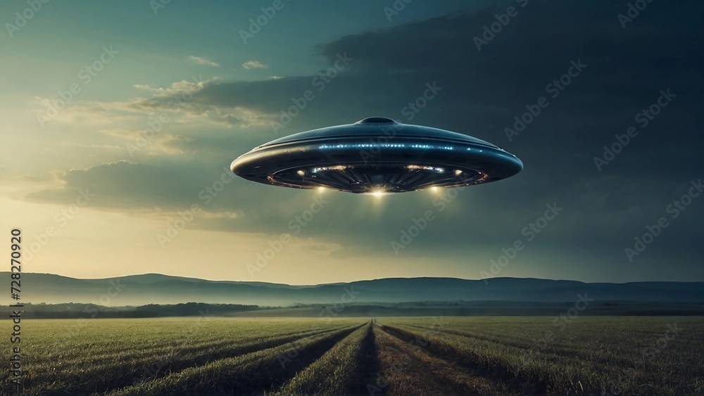 UFO, an alien plate hovering over the field, hovering motionless in the air. Unidentified flying object, alien invasion, extraterrestrial life, space travel, humanoid spaceship mixed medium