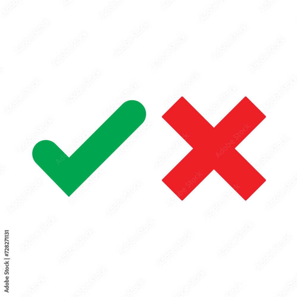 Fototapeta premium Tick icon set. Stylish check mark icon set in green and red color, Flat design, vector illustration on background.