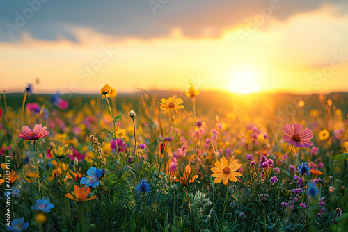 Wildflowers Blooming at Sunset in Field 
