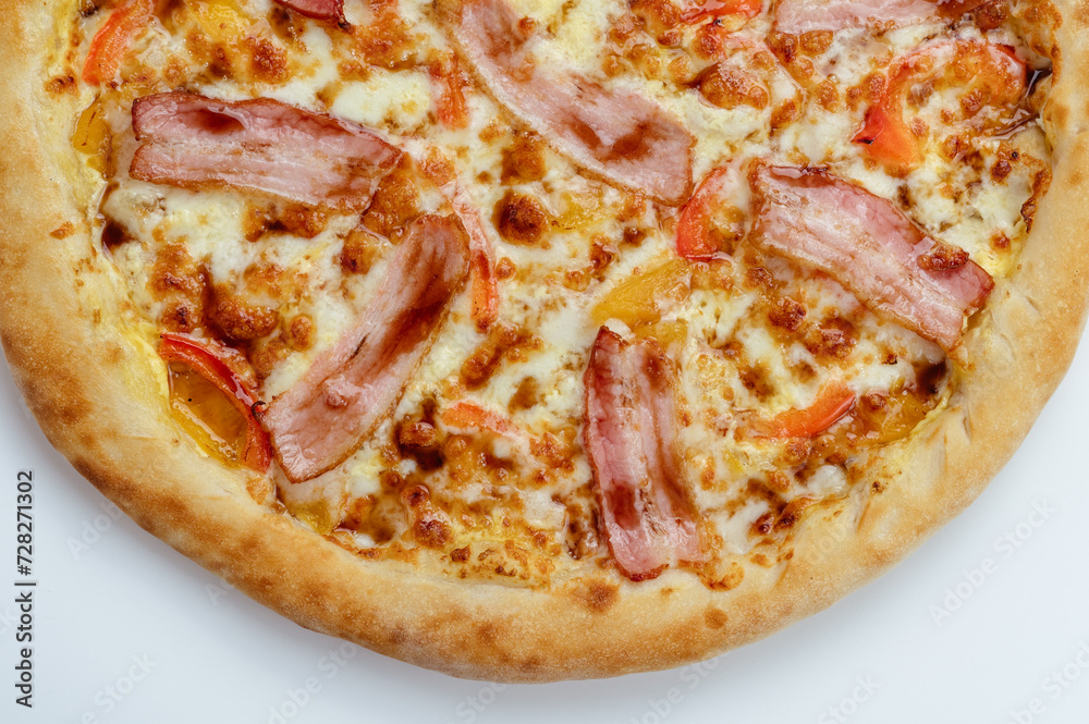 pizza with bacon, vegetables and mozzarella cheese pizza with bacon, vegetables and mozzarella cheese