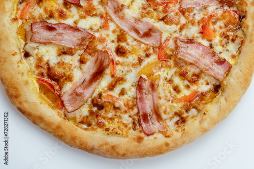 pizza with bacon, vegetables and mozzarella cheese