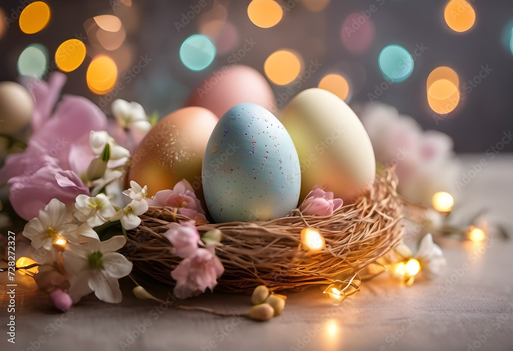 Obraz premium Easter colorful eggs lie in a grass basket