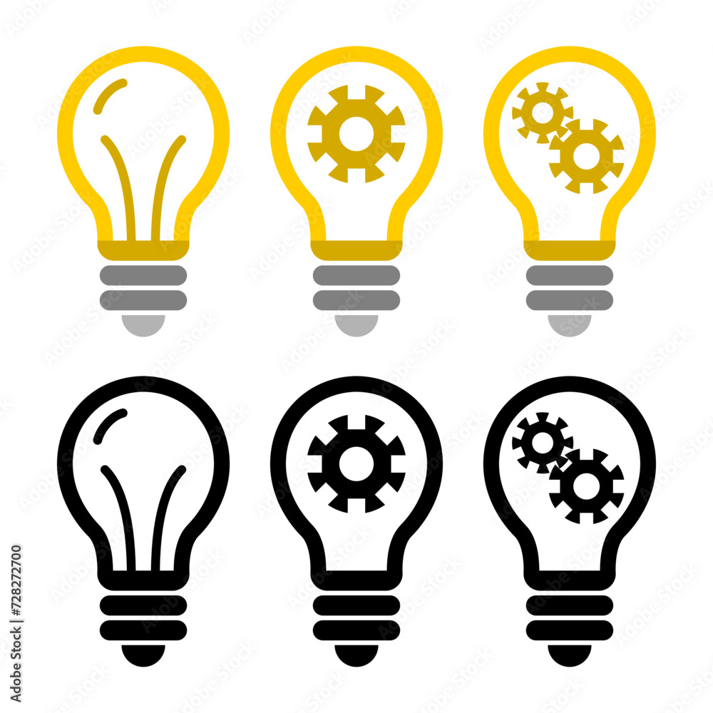 Set yellow and black electric light bulb with gear idea business icon flat vector design Set yellow and black electric light bulb with gear idea business icon flat vector design
