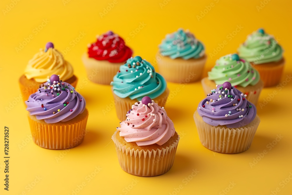 top view set of cupcakes isolated on colored background