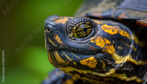 A close-up image of a turtle with a detailed, patterned face and a striking yellow and black eye, set against a soft green background © Seasonal Wilderness