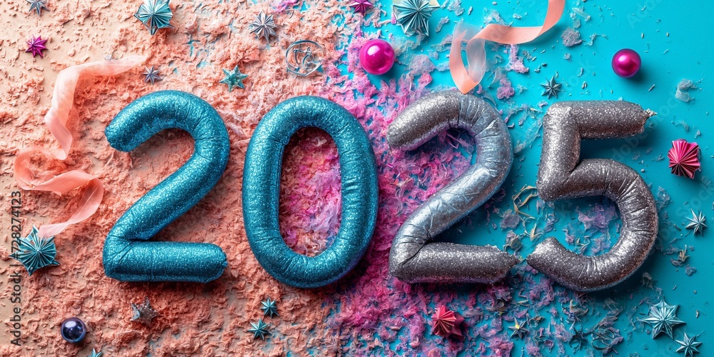  Foto zu Jahreswechsel 2025 in bunten Zahlen im Querformat für Banner Stock 