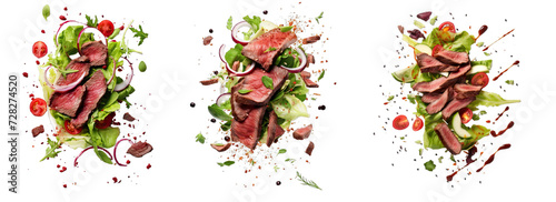 Collection of PNG. Falling steak salad ingredients, sliced beefsteak, food packaging concept isolated on a transparent background. photo