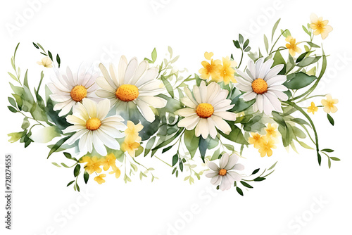 Watercolor Daisy Flowers Corner Border  Chamomile Bouquet, Wildflowers for Wedding Invitations and Greeting Cards