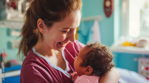 Nurse smiling at a newborn baby.