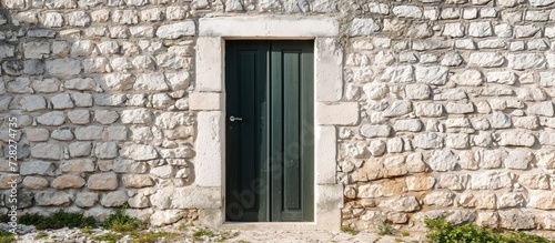 Dark Green Door Adds Vertical Elegance to Ivory White Stone Wall