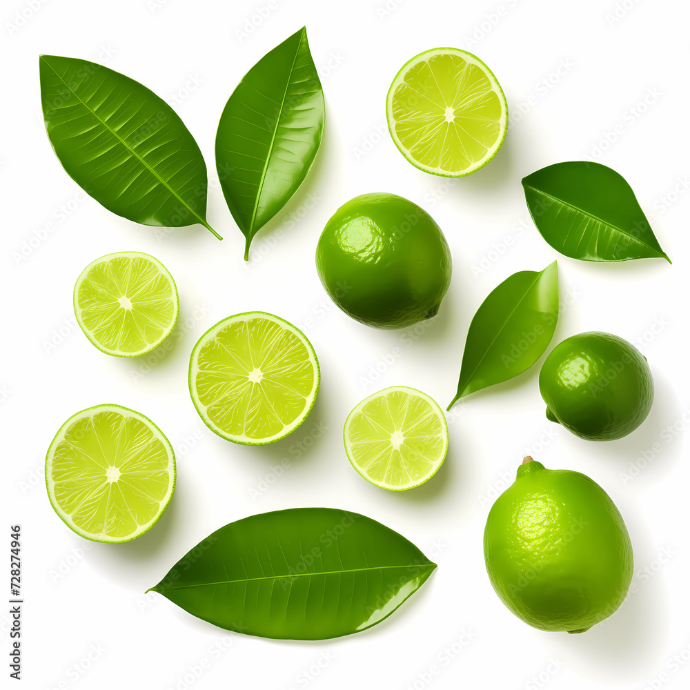 Top view of whole lime fruits, slices, and green leaves isolated on white background. piece isolate on white. Flat lay. Top view of whole lime fruits, slices, and green leaves isolated on white background. piece isolate on white. Flat lay.
