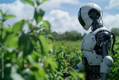 smart robotic farmer working in the vegetable garden