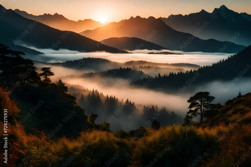  A tranquil sunrise over a mist-covered mountain range, showcasing the serene beauty of nature. 