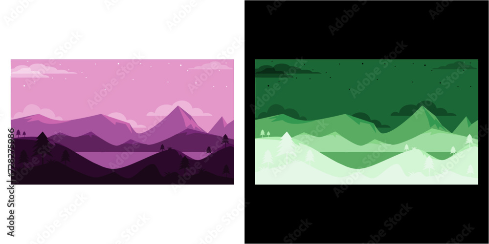 Night landscape. Mountain peaks are reflected in the water. Sunset. Mountain tourism, hiking in the mountains, rest by the river. Design of a poster, background, web page, banner. Vector image