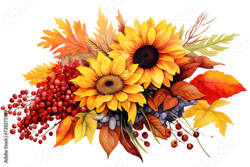 Fall Arrangement Watercolor Illustration Autumn Leaves, Rowan Berries, Sunflower, Acorn, Maple Leaf