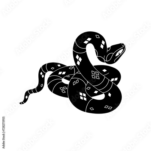Angry snake silhouette. Black viper in attack posture line art. Monochrome coiled python with patterned scale. Big venomous serpent defending. Flat isolated vector illustration on white background