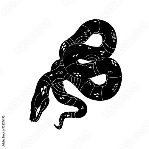 Monochrome boa silhouette. Dangerous black viper line art. Patterned venomous serpent with geometric shapes on scale. Mystic big snake print. Flat isolated vector illustration on white background