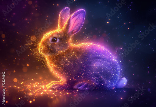 Easter bunny in shining neon lights and stars. Sparkling rabbit with shiny particles and stellar cosmic dust among the shimmering highlights. Futuristic techno style. Generative AI © Serge