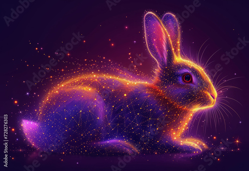 Easter bunny in shining neon lights and stars. Sparkling rabbit with shiny particles and stellar cosmic dust among the shimmering highlights. Futuristic techno style. Generative AI