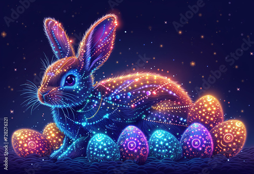 Rabbit with Easter eggs in shining neon lights and stars. Sparkling hare with shiny particles and stellar cosmic dust among the shimmering highlights. Futuristic techno style. Generative AI