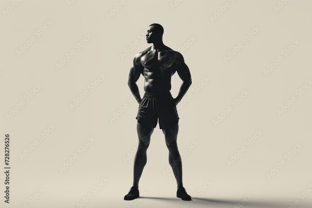 Silhouette of a muscular man posing confidently on a beige background.