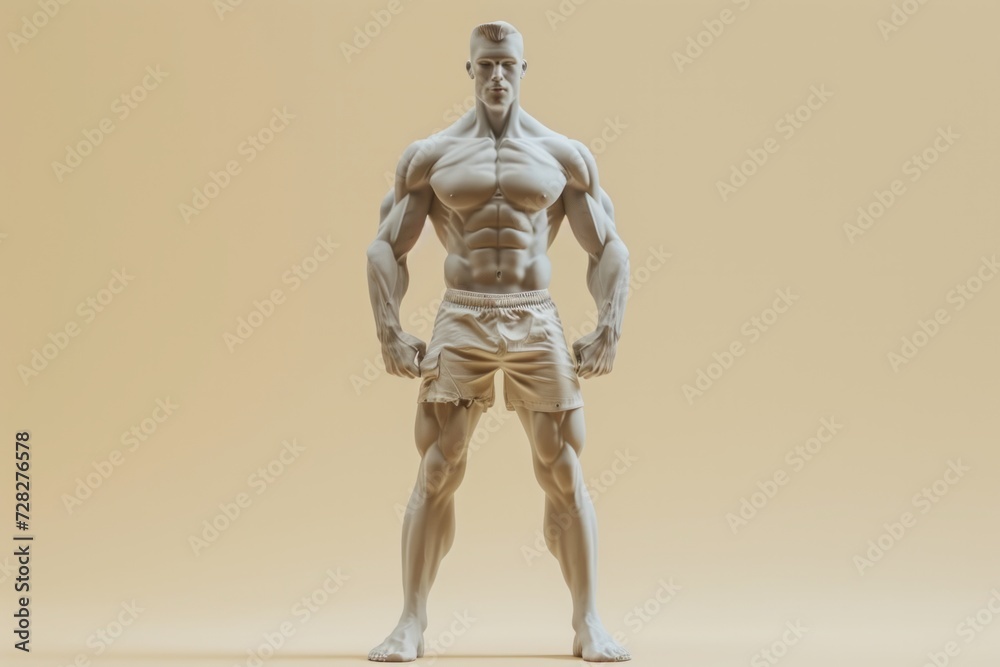 Muscular male mannequin displaying human anatomy with beige background.